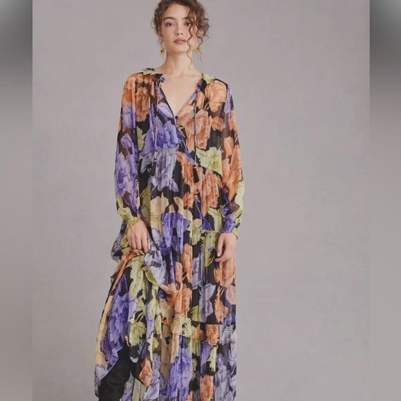 Anthropologie The Marais Printed Chiffon Maxi Dress Purple Floral Womens Size XL - Picture 5 of 11